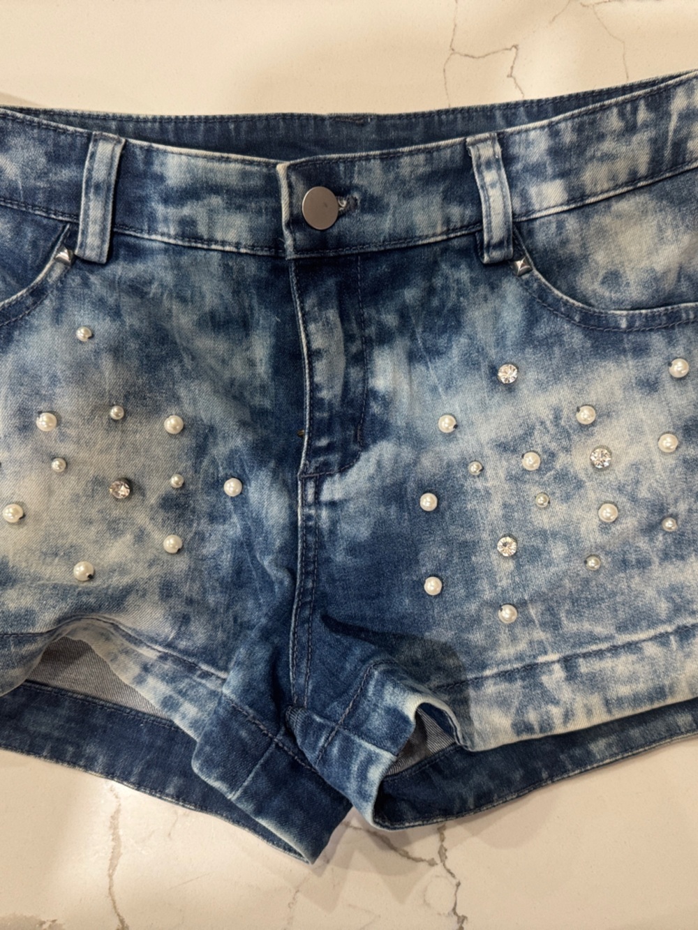 Blue Tie-Dye Pearl & Rhinestone Women’s Denim Shorts